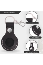 Black keychain case with metal clip for Apple AirTag on a white background 