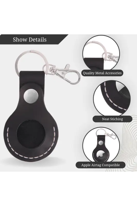 Black keychain case with metal clip for Apple AirTag on a white background 