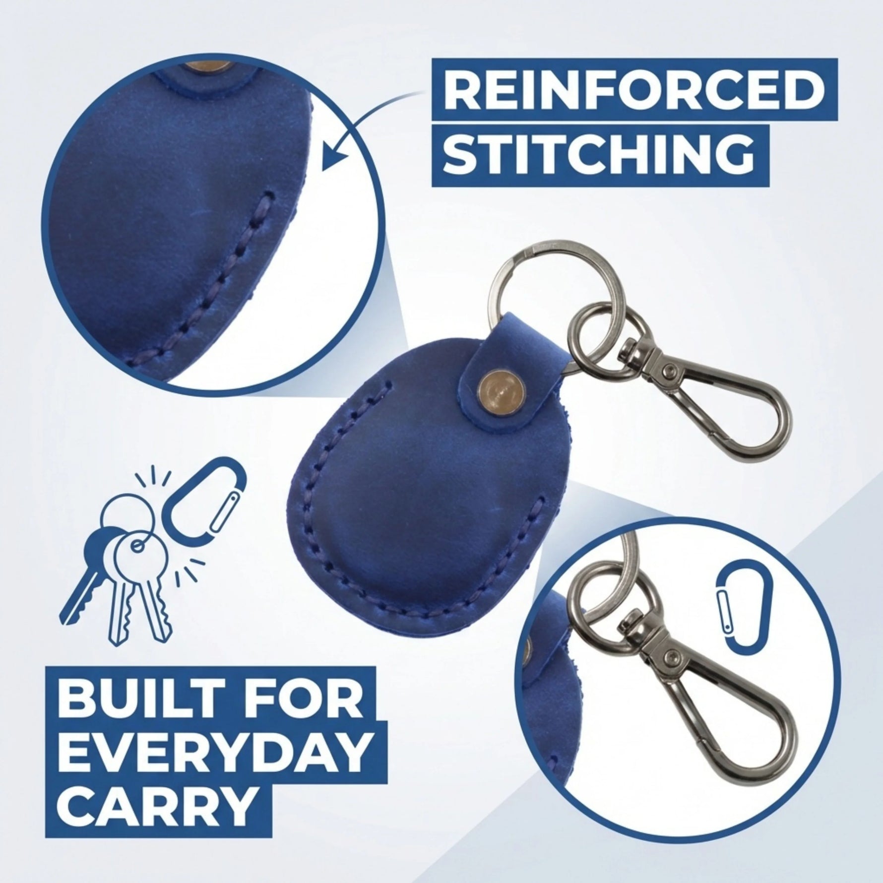 Blue leather keychain with reinforced stitching and carabiner on a white background 