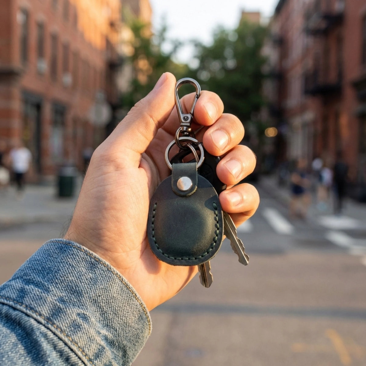Hand holding a keychain with keys on a city street 