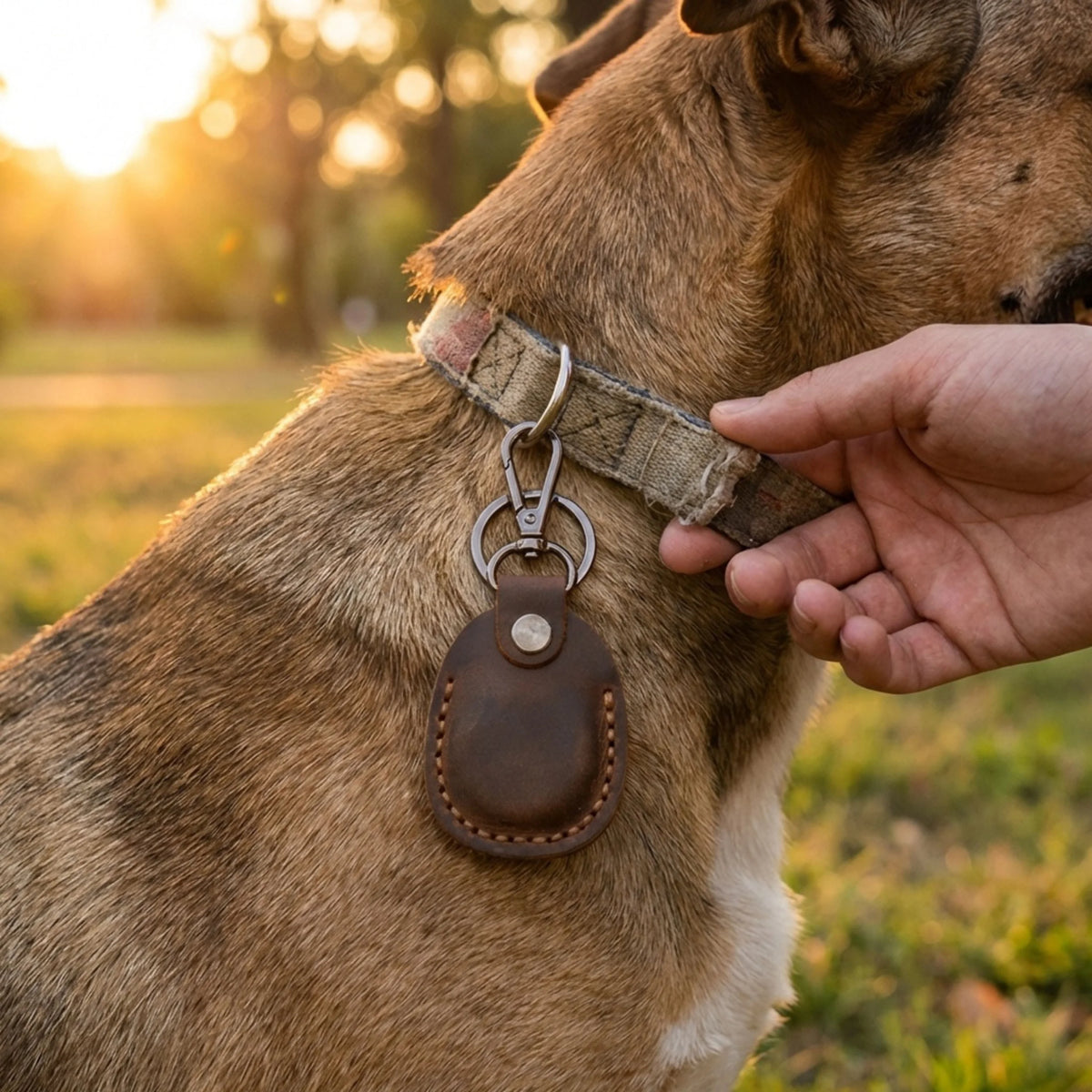 Dog wearing a collar with a leather tag held by a person in a park setting 