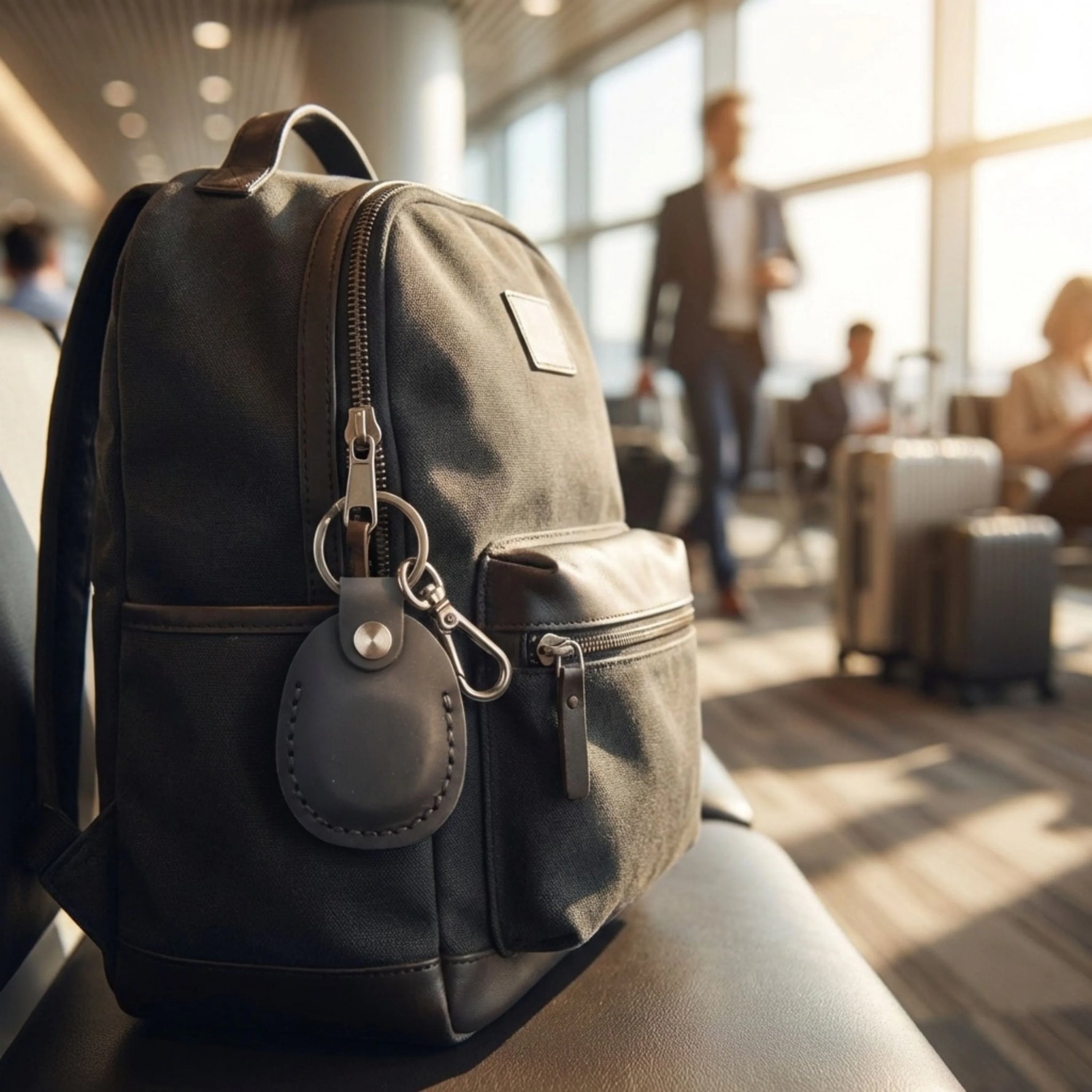 Black backpack with a keychain in an airport terminal. 