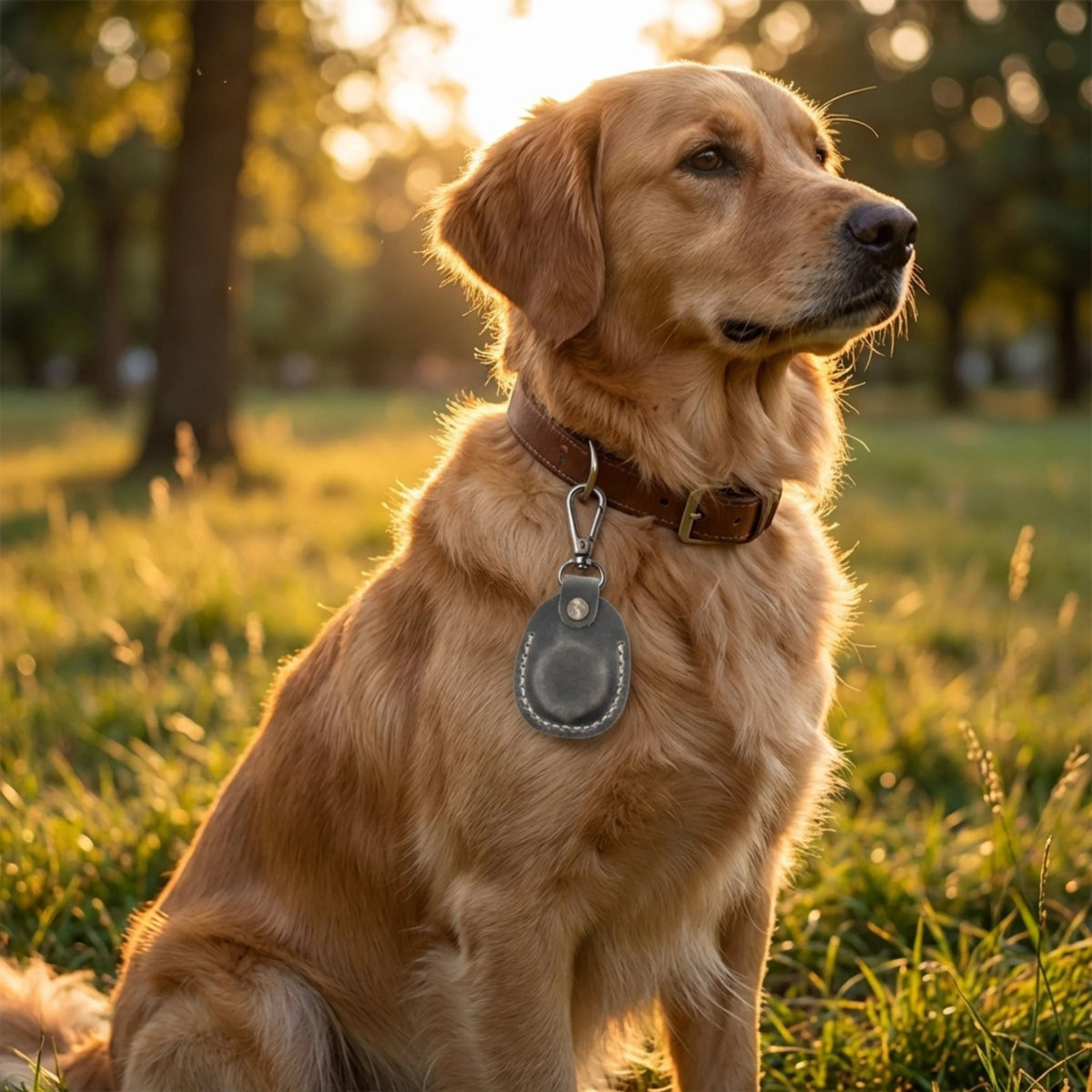 Golden retriever sitting in a grassy field with a blurred background 