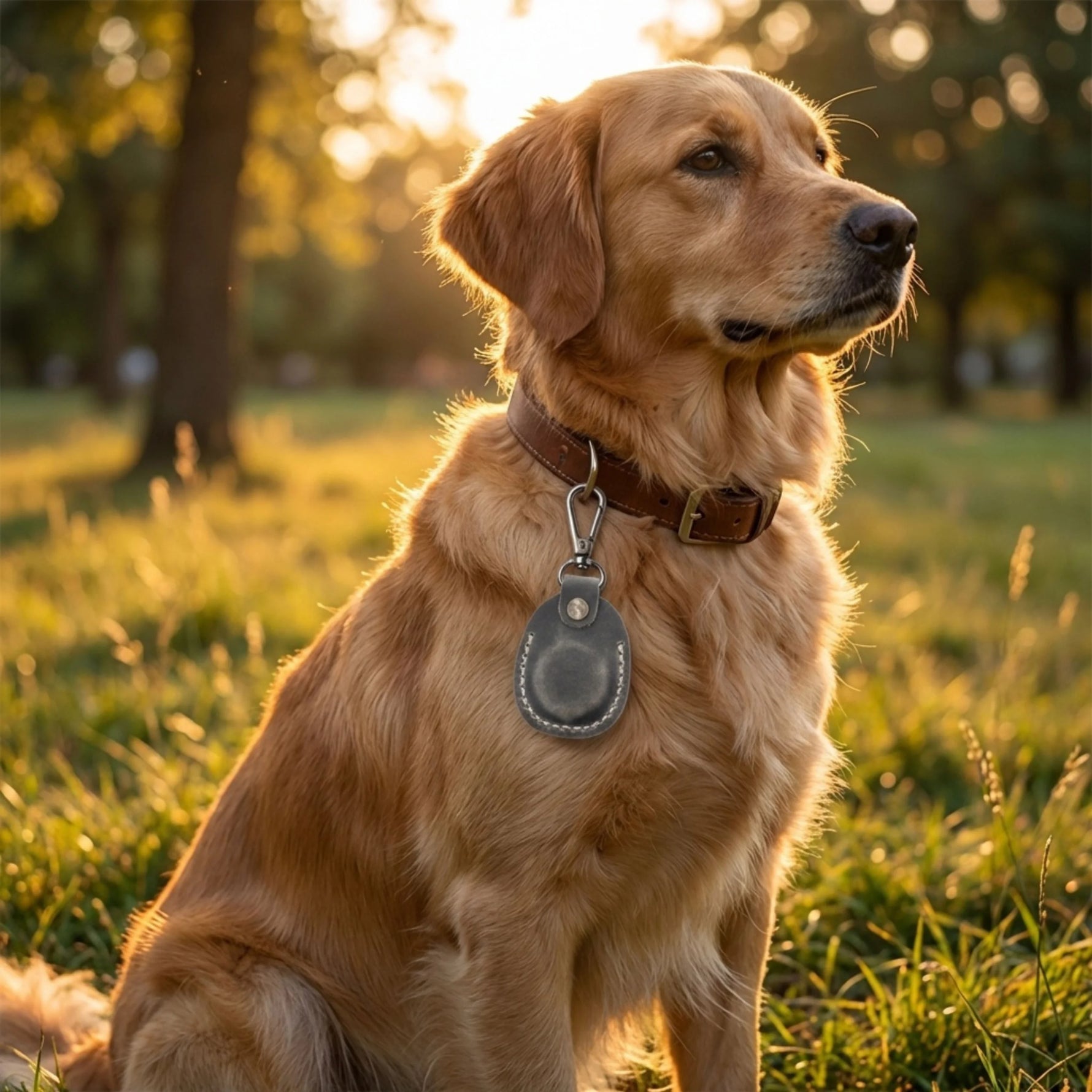 Golden retriever sitting in a grassy field with a blurred background 