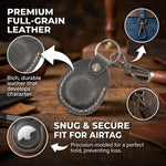 Leather keychain with Airtag holder on a wooden surface, highlighting premium full-grain leather and snug fit. 