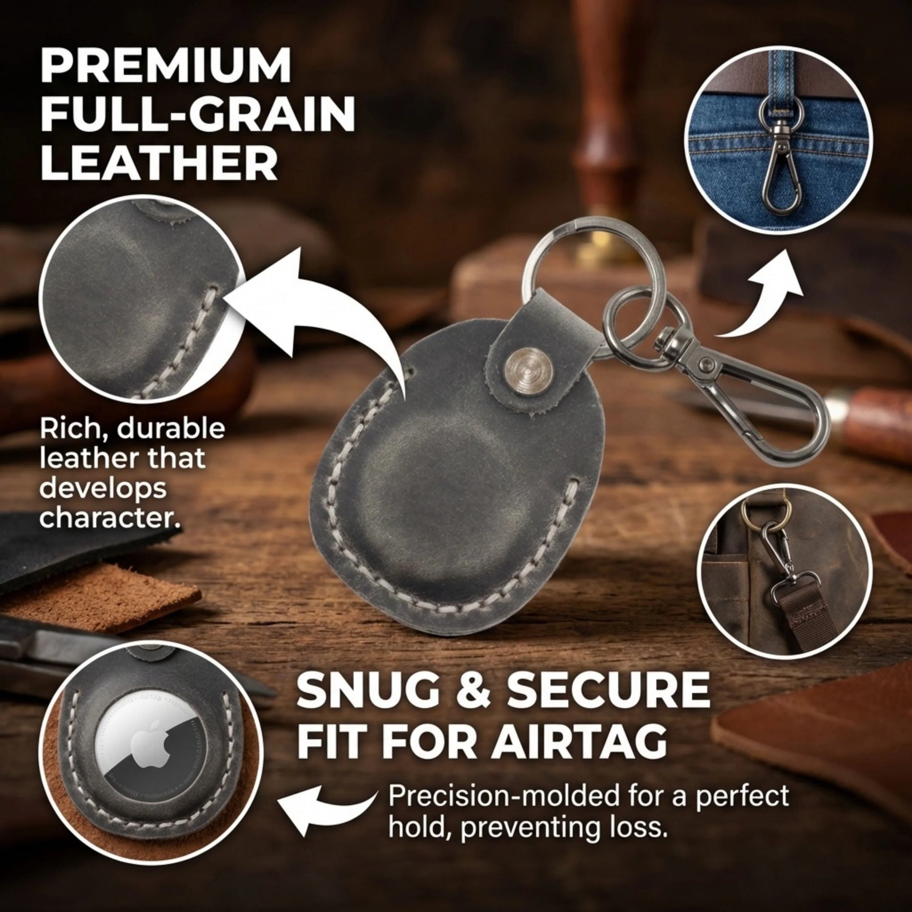 Leather keychain with Airtag holder on a wooden surface, highlighting premium full-grain leather and snug fit. 