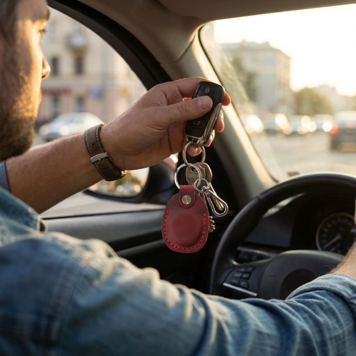 Person sitting inside a car holding car keys with a red keychain. 