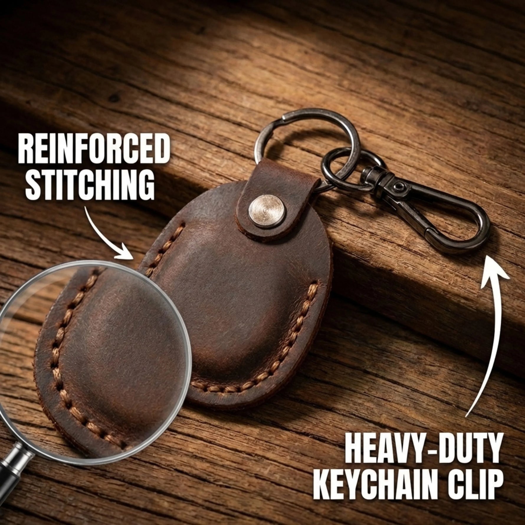 Brown leather keychain with reinforced stitching and heavy-duty clip on a wooden surface 