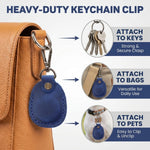 Heavy-duty keychain clip with blue leather tag attached to a bag, keys, and pet collar. 
