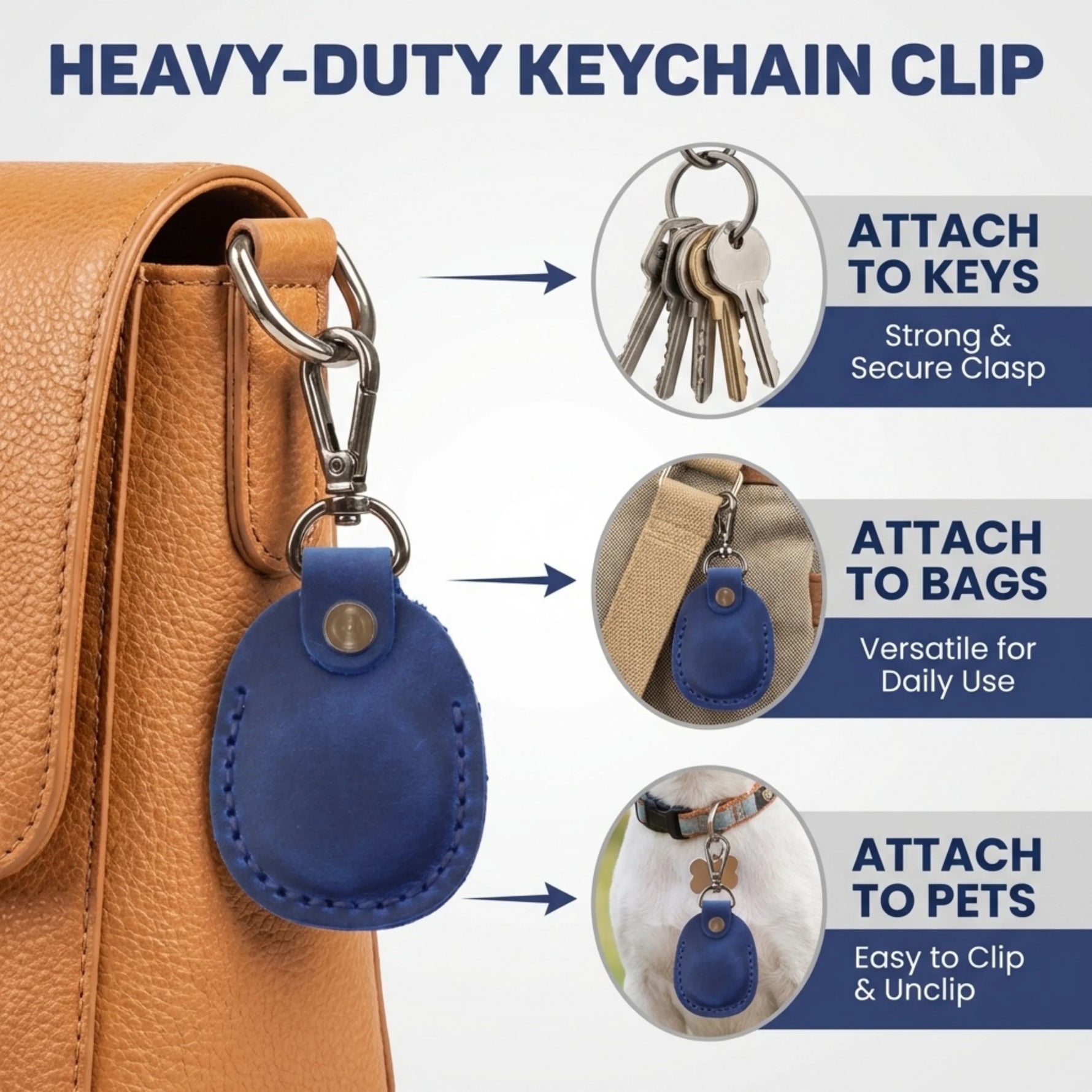 Heavy-duty keychain clip with blue leather tag attached to a bag, keys, and pet collar. 
