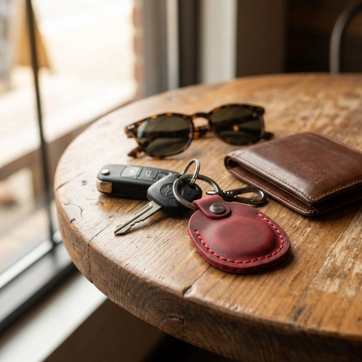 Keychain with keys, sunglasses, and wallet on a wooden table 