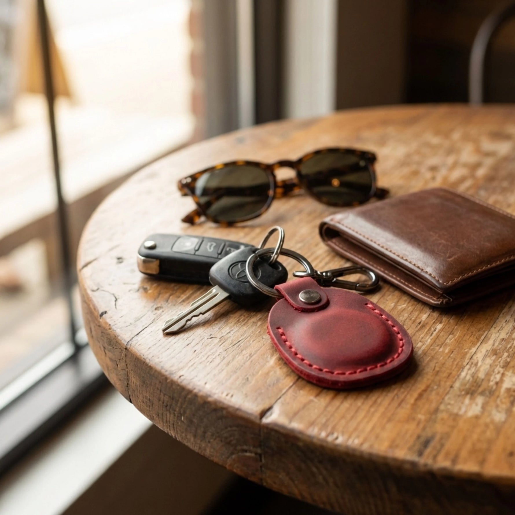 Keychain with keys, sunglasses, and wallet on a wooden table 