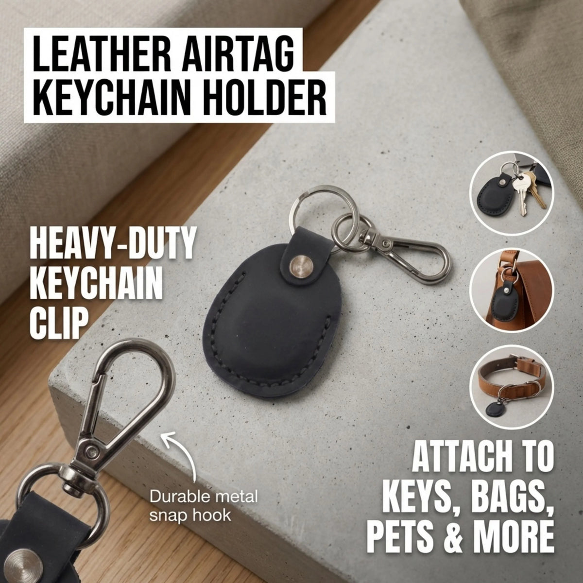 Black leather airtag keychain holder with metal clip on a concrete surface. 