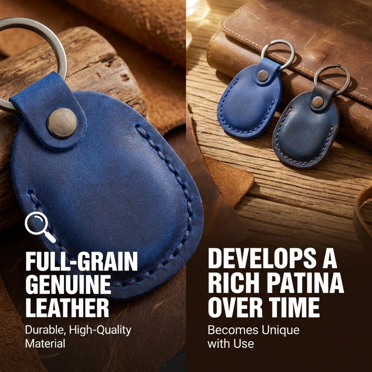 Blue leather keychain with text highlighting full-grain leather and patina development. 