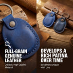 Blue leather keychain with text highlighting full-grain leather and patina development. 