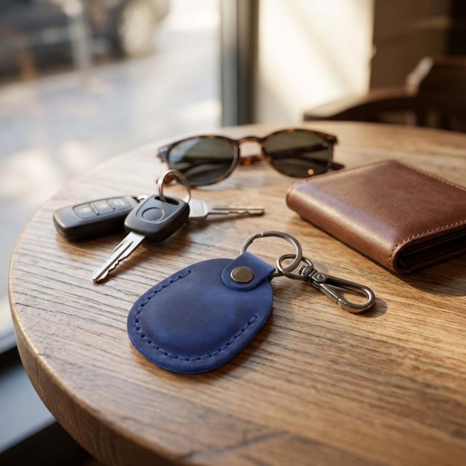 Keychain with keys, sunglasses, and wallet on a wooden table 