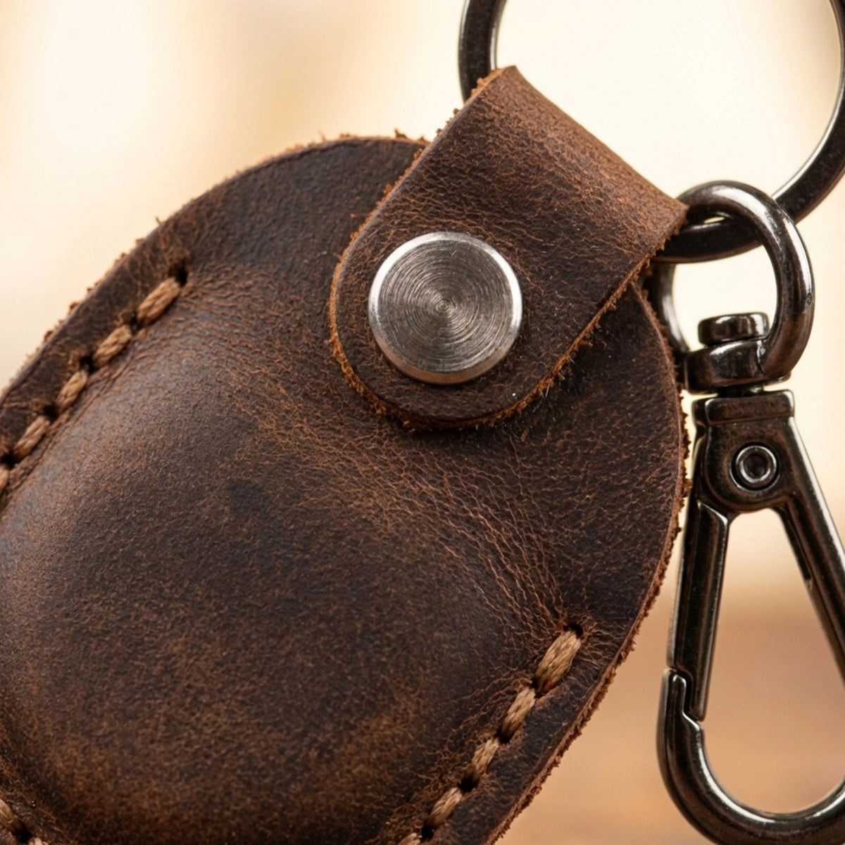 Brown leather keychain with metal clip on a blurred background 