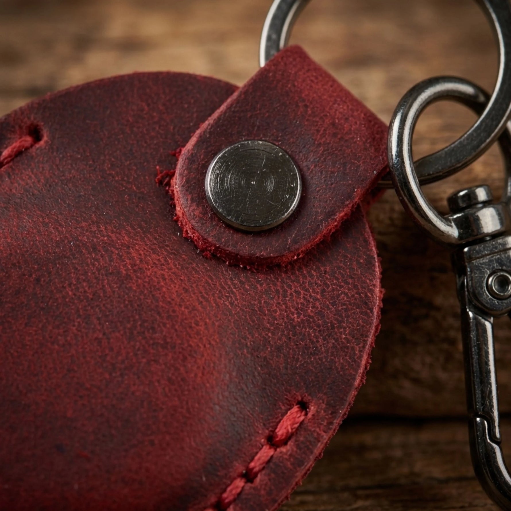 Red leather keychain with metal keyring on a wooden background 