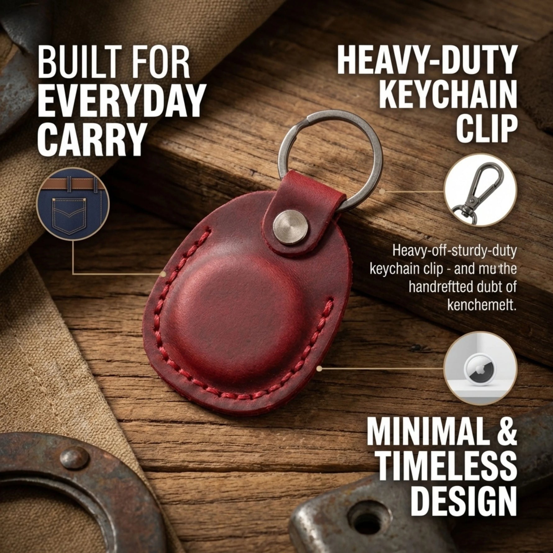 Red leather keychain with text highlighting features on a wooden background 