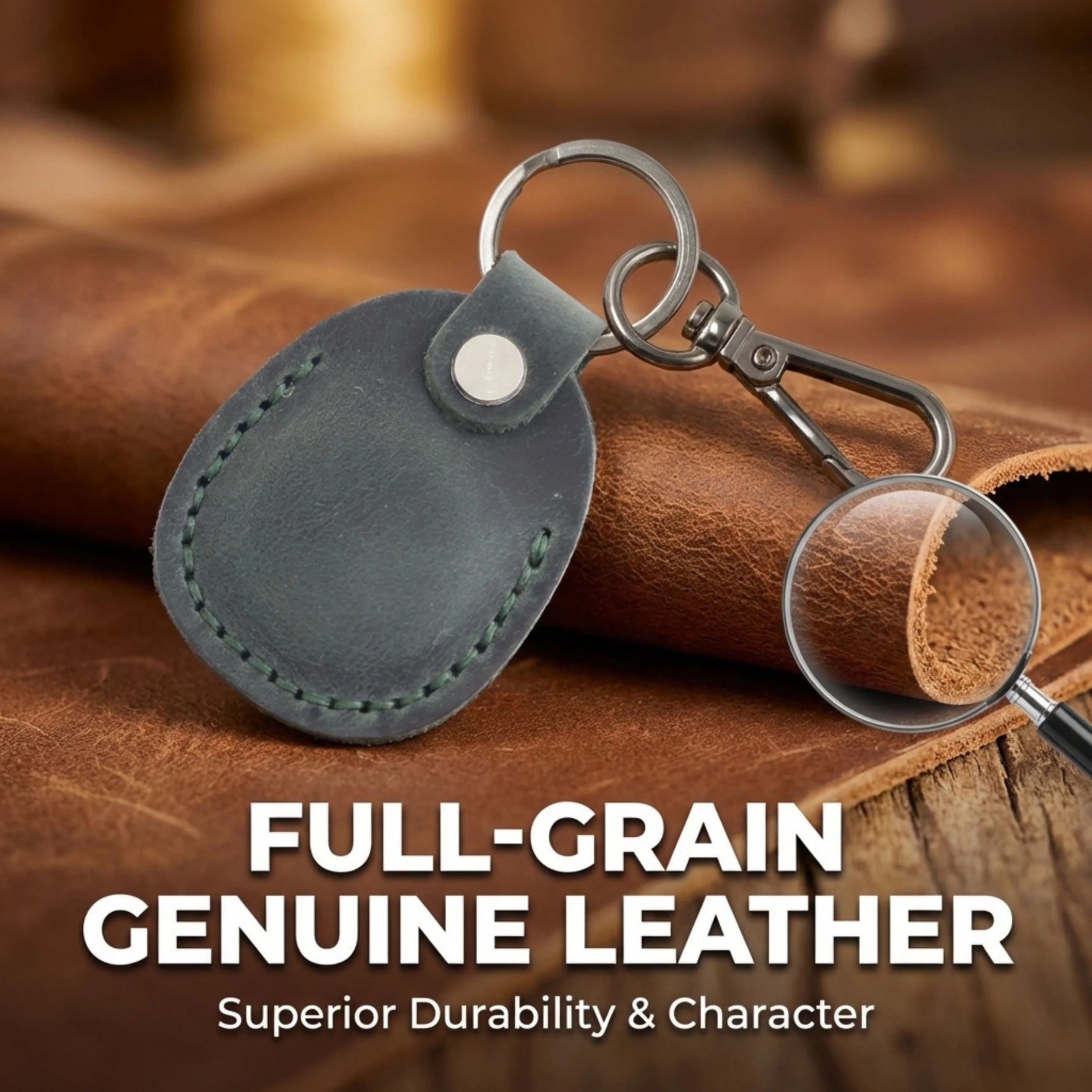 Leather keychain with magnifying glass on a brown leather surface, text 'Full-Grain Genuine Leather' displayed. 