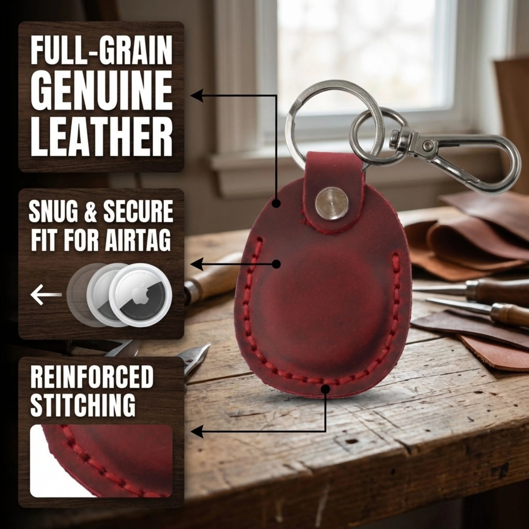 Red leather keychain with carabiner on a wooden surface, labeled for features. 