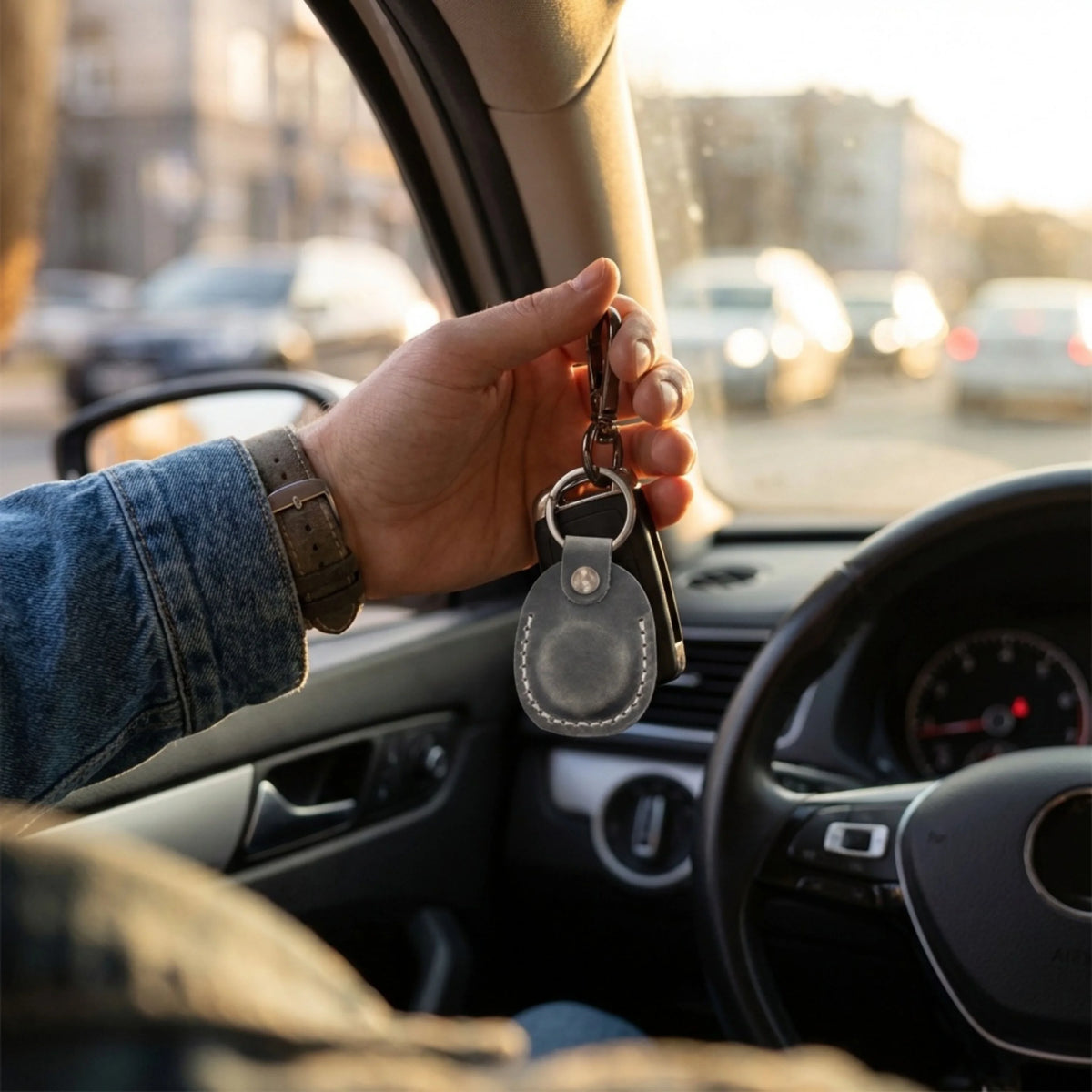 Hand holding car keys with a keychain inside a car, blurred city street outside 