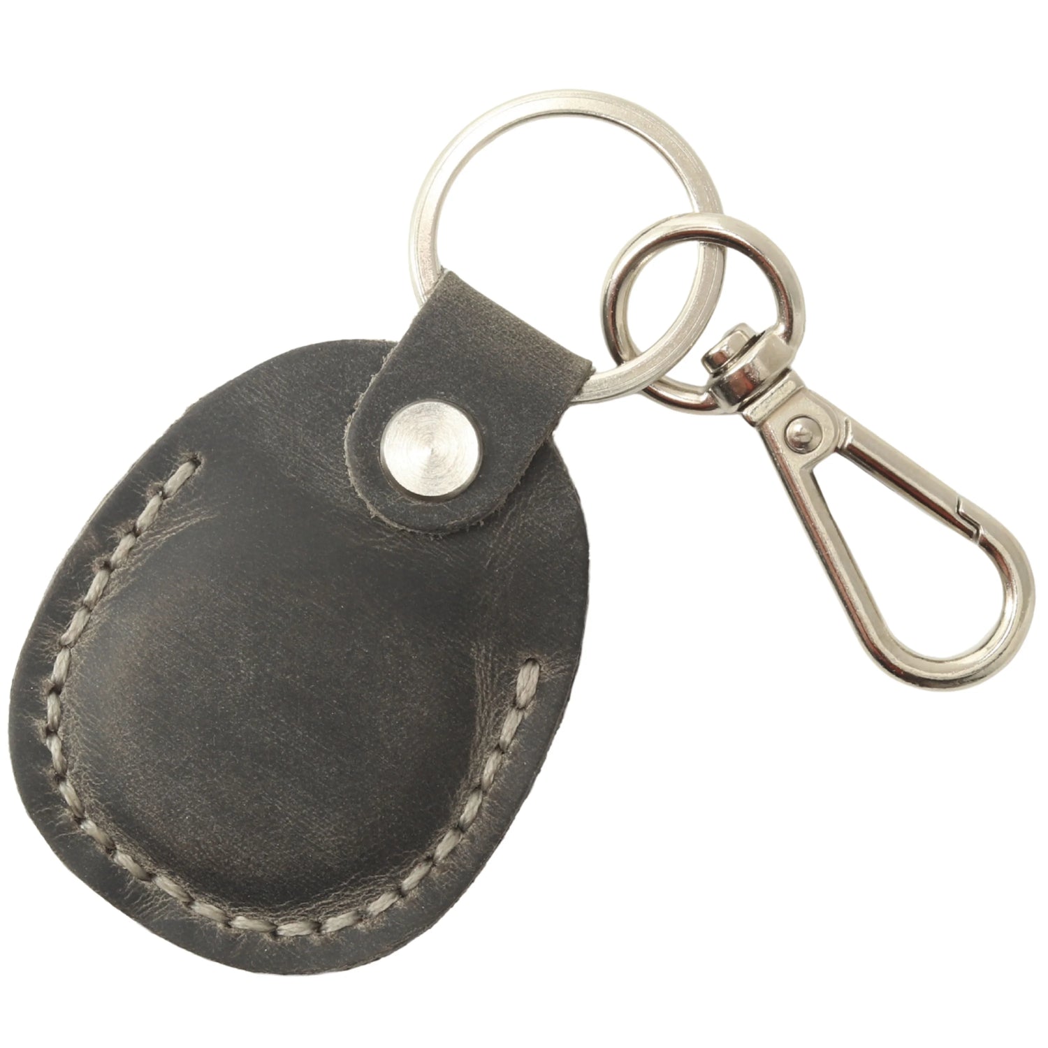 Black leather key fob with metal clip on a white background 
