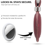 Close-up of a red leather strap with metal clip and text highlighting security features. 