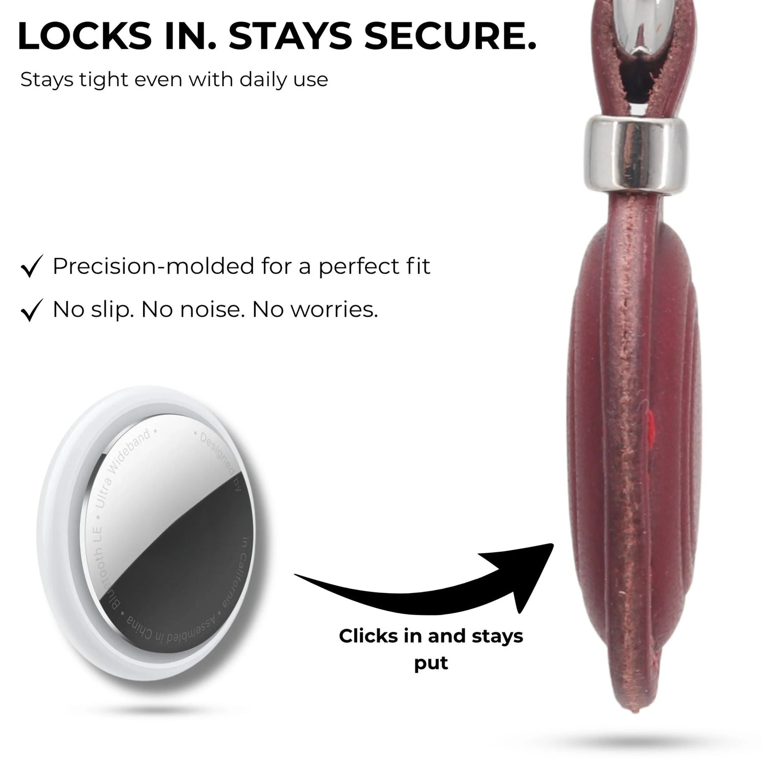 Close-up of a red leather strap with metal clip and text highlighting security features.