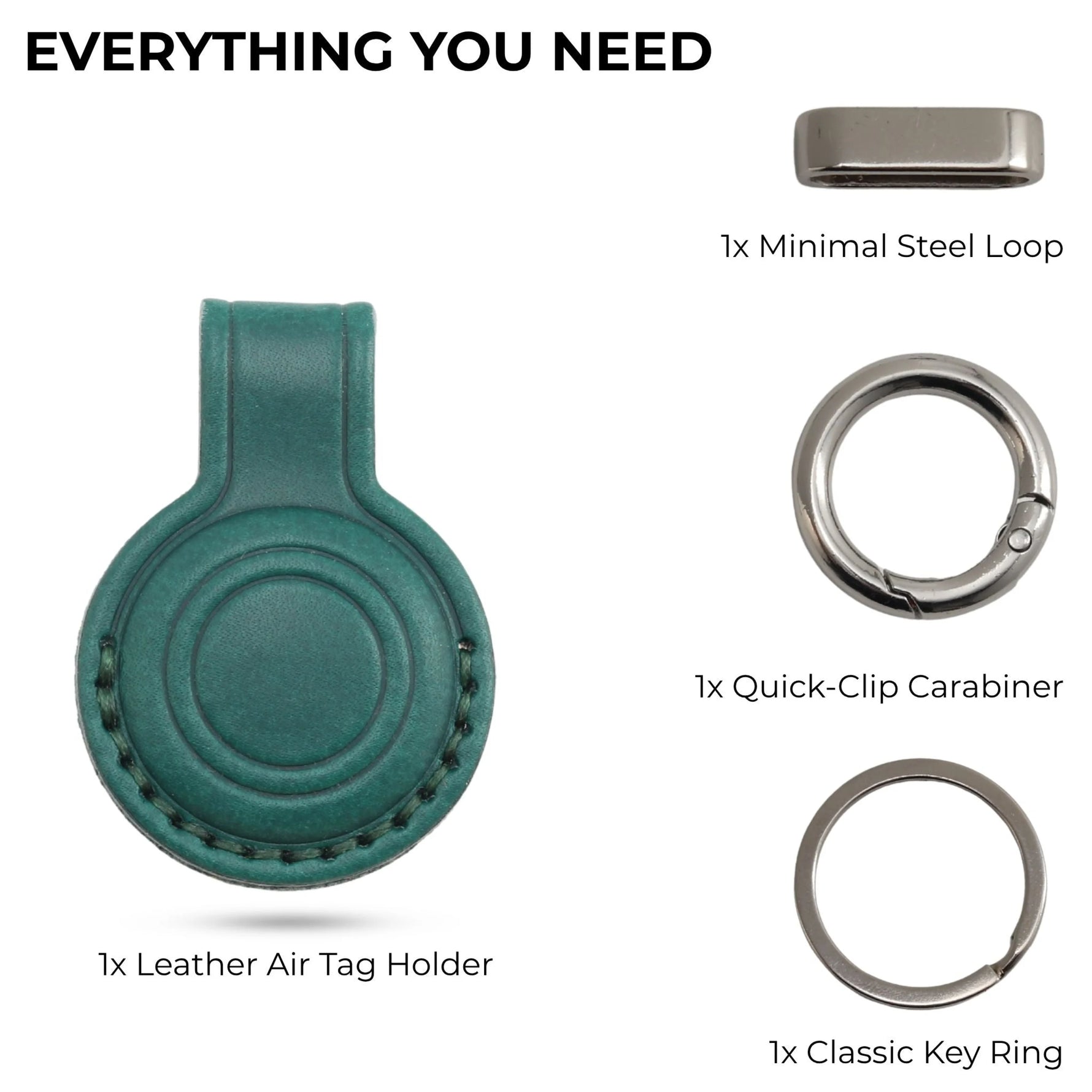 Collection of keychain components including a leather Air Tag holder, steel loop, quick-clip carabiner, and key rings on a white background. 