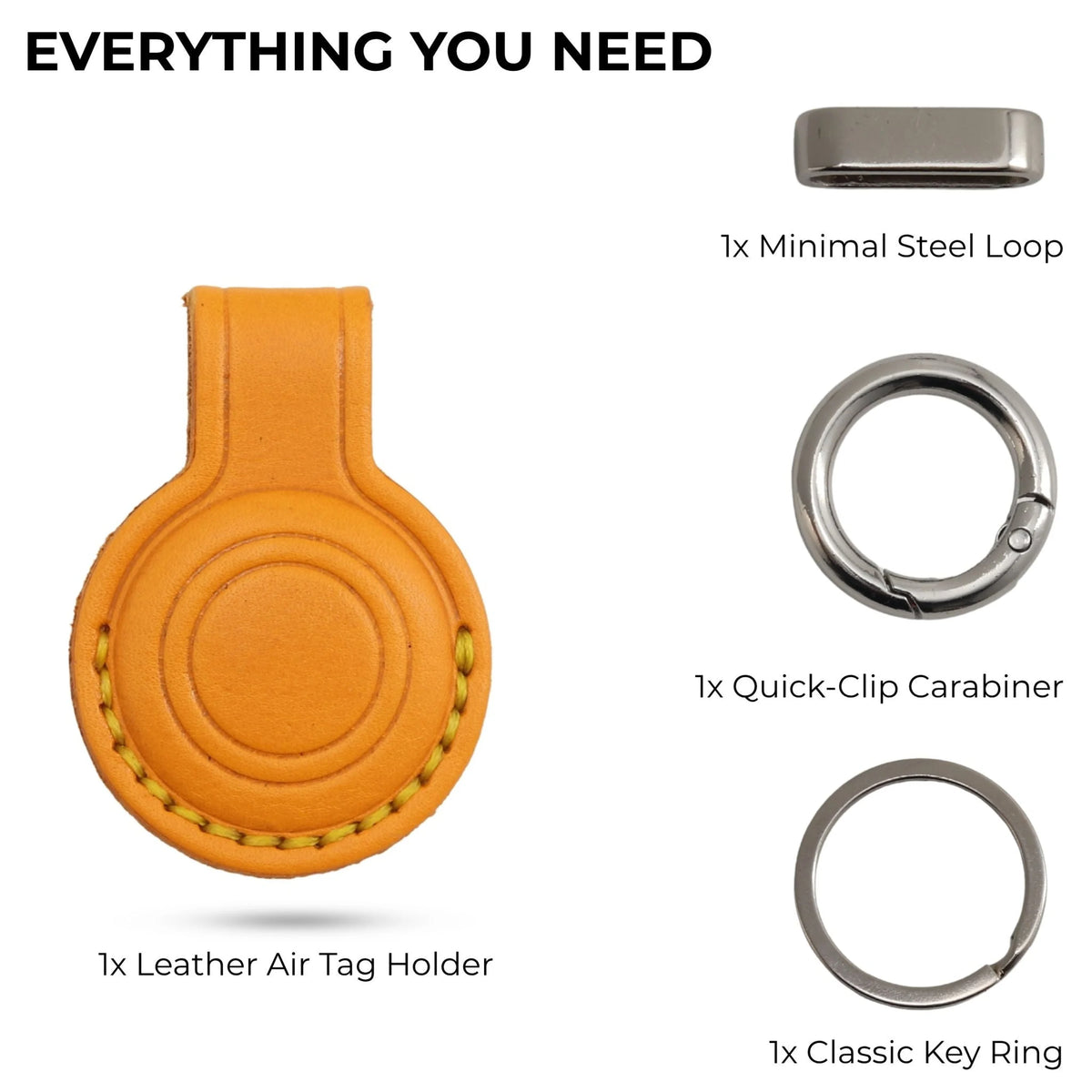Orange leather Air Tag holder with metal components on a white background 