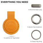 Orange leather Air Tag holder with metal components on a white background 