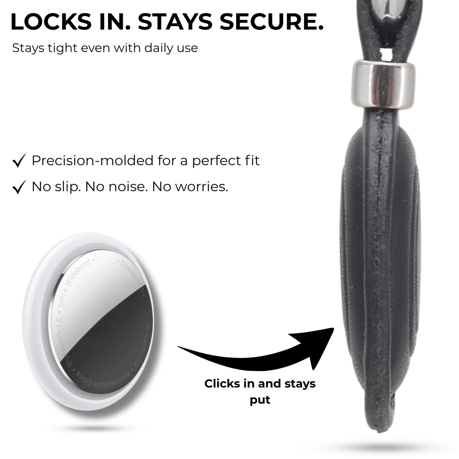 Product with lock mechanism labeled 'Locks in. Stays secure.' on a white background.