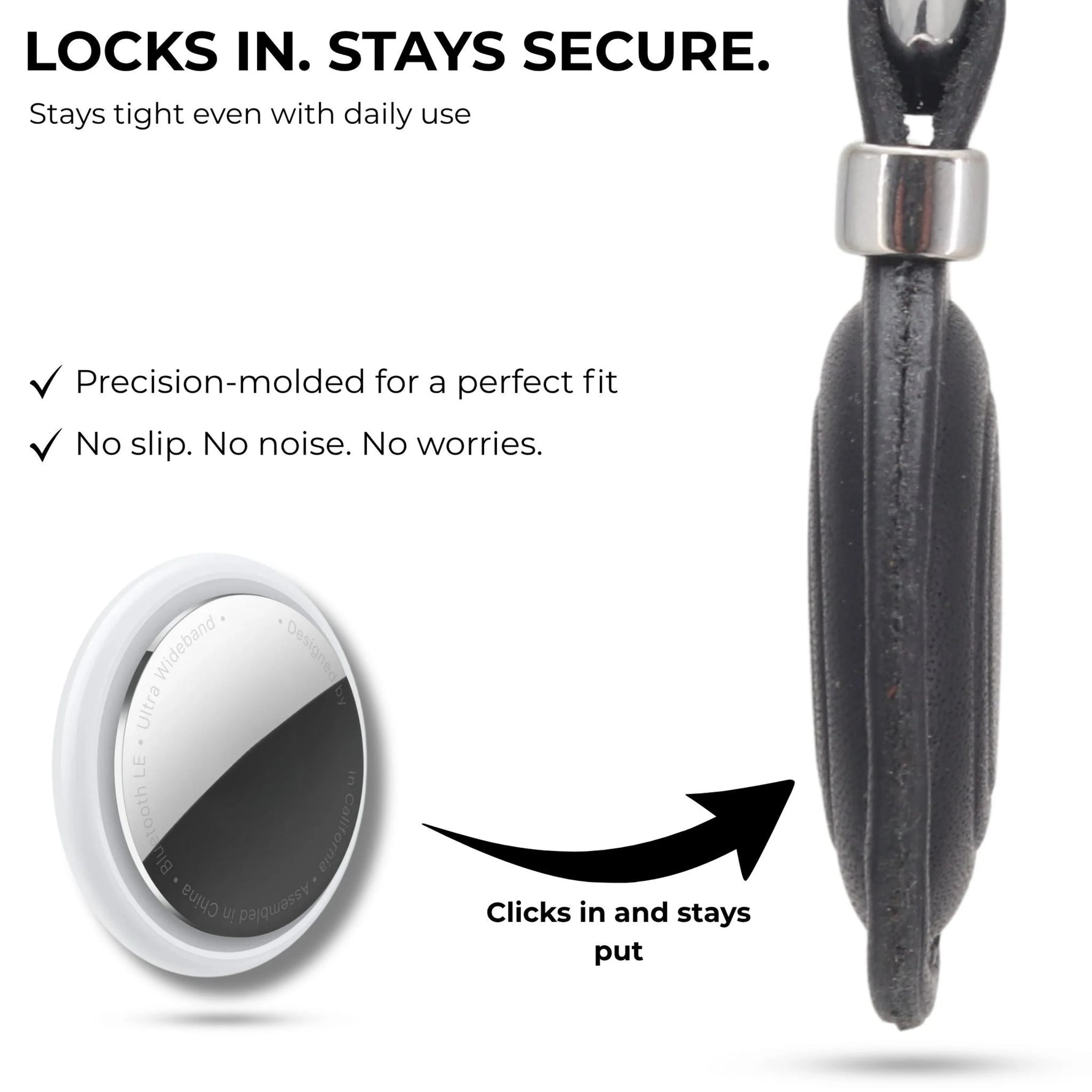 Product with lock mechanism labeled 'Locks in. Stays secure.' on a white background. 