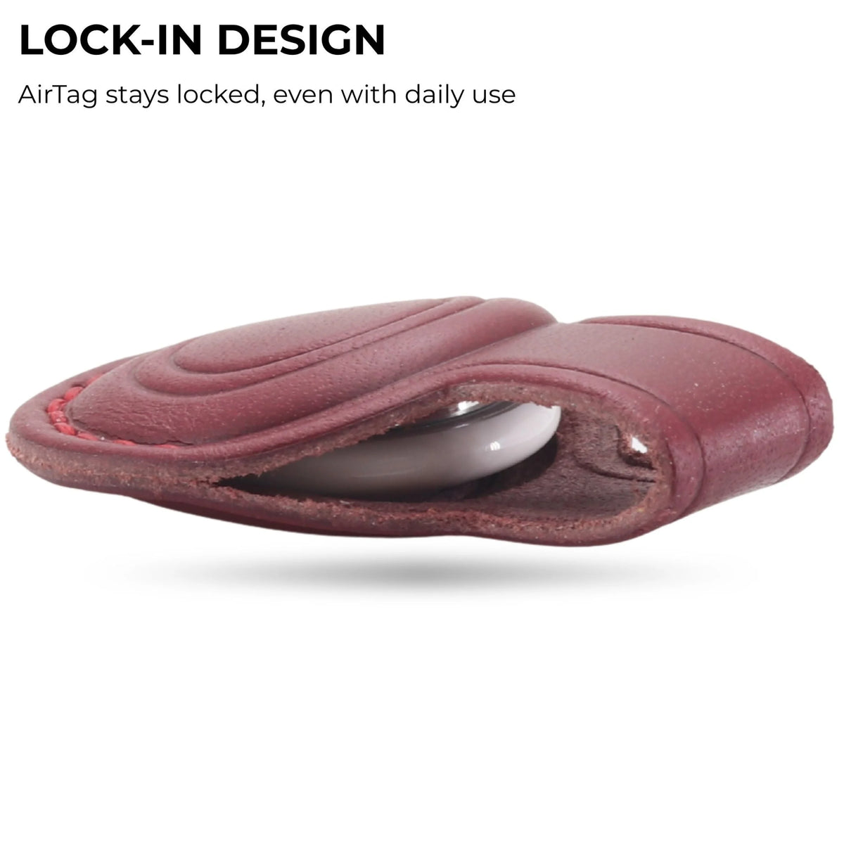Red leather case with AirTag inside on a white background 