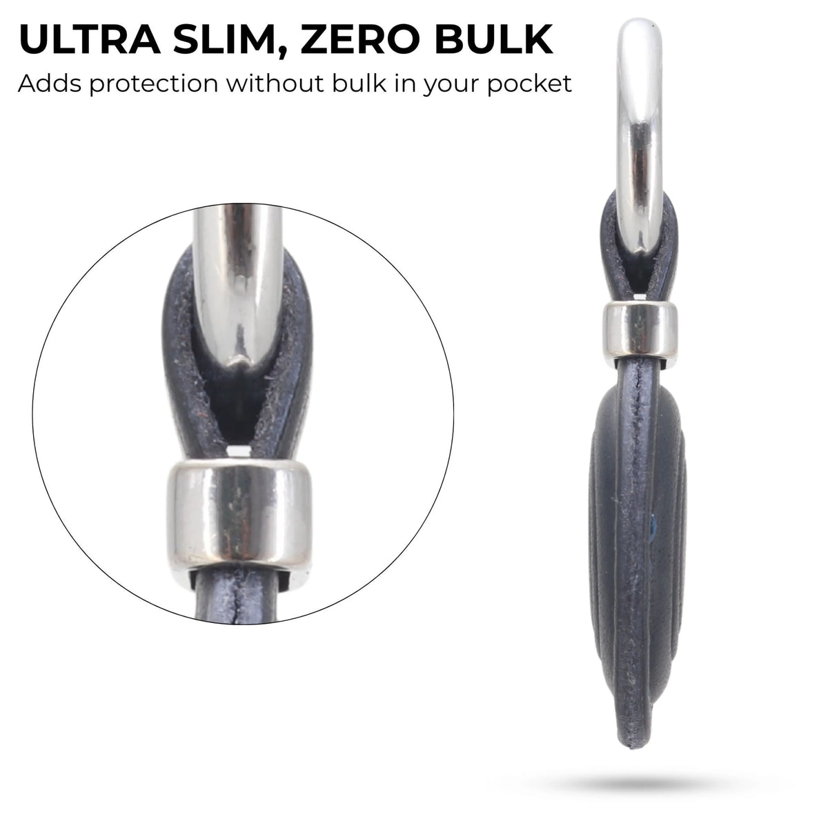 Ultra slim and zero bulk product with silver and black design on a white background 