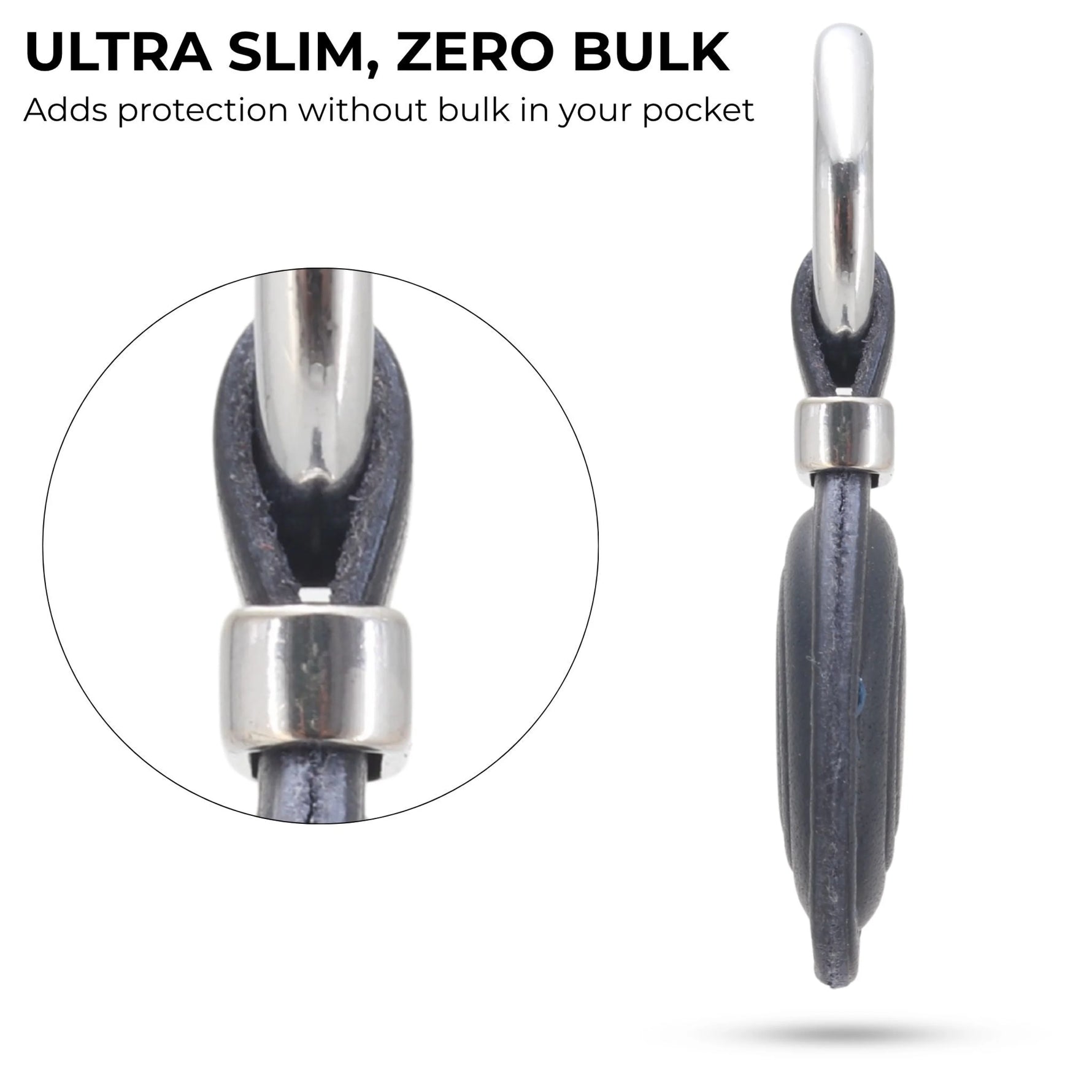 Ultra slim and zero bulk product with silver and black design on a white background 