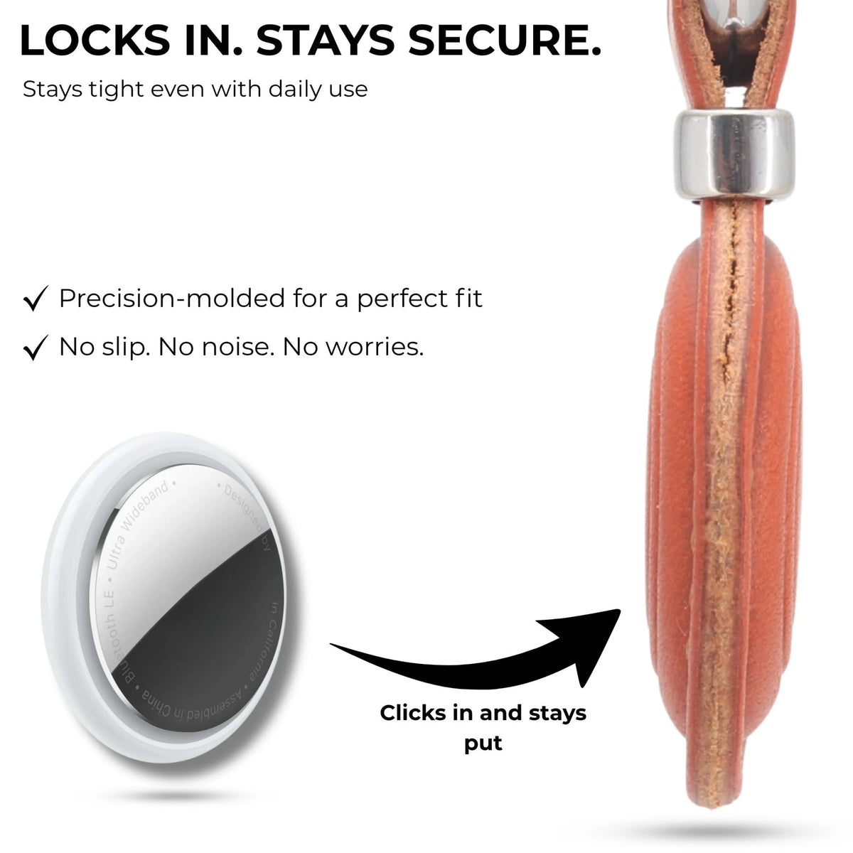 Wooden product with metallic component labeled 'Locks in. Stays secure.' on a white background. 