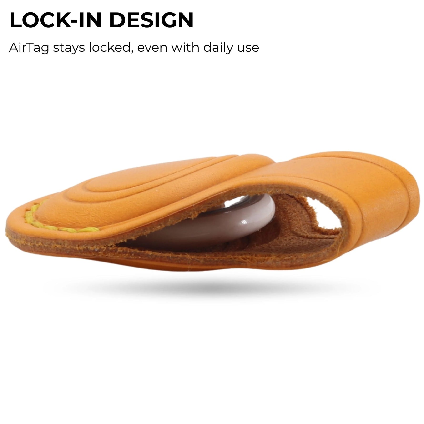 Orange leather case with a white object inside, labeled 'LOCK-IN DESIGN' on a white background. 
