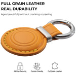 Orange leather keychain with metal ring on a white background, highlighting durability and features. 