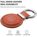 Brown leather keychain with silver ring on a white background, featuring text about full grain leather durability. 