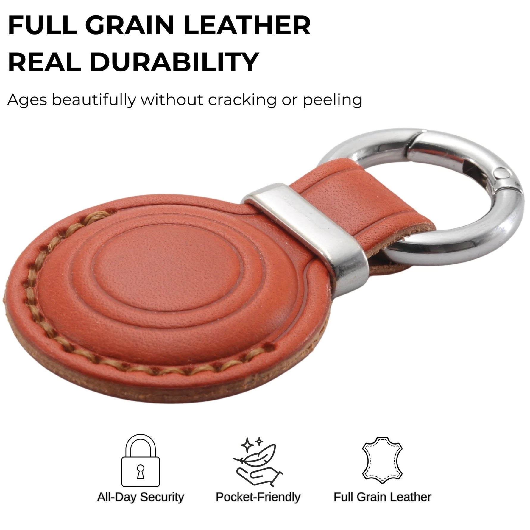 Brown leather keychain with silver ring on a white background, featuring text about full grain leather durability. 