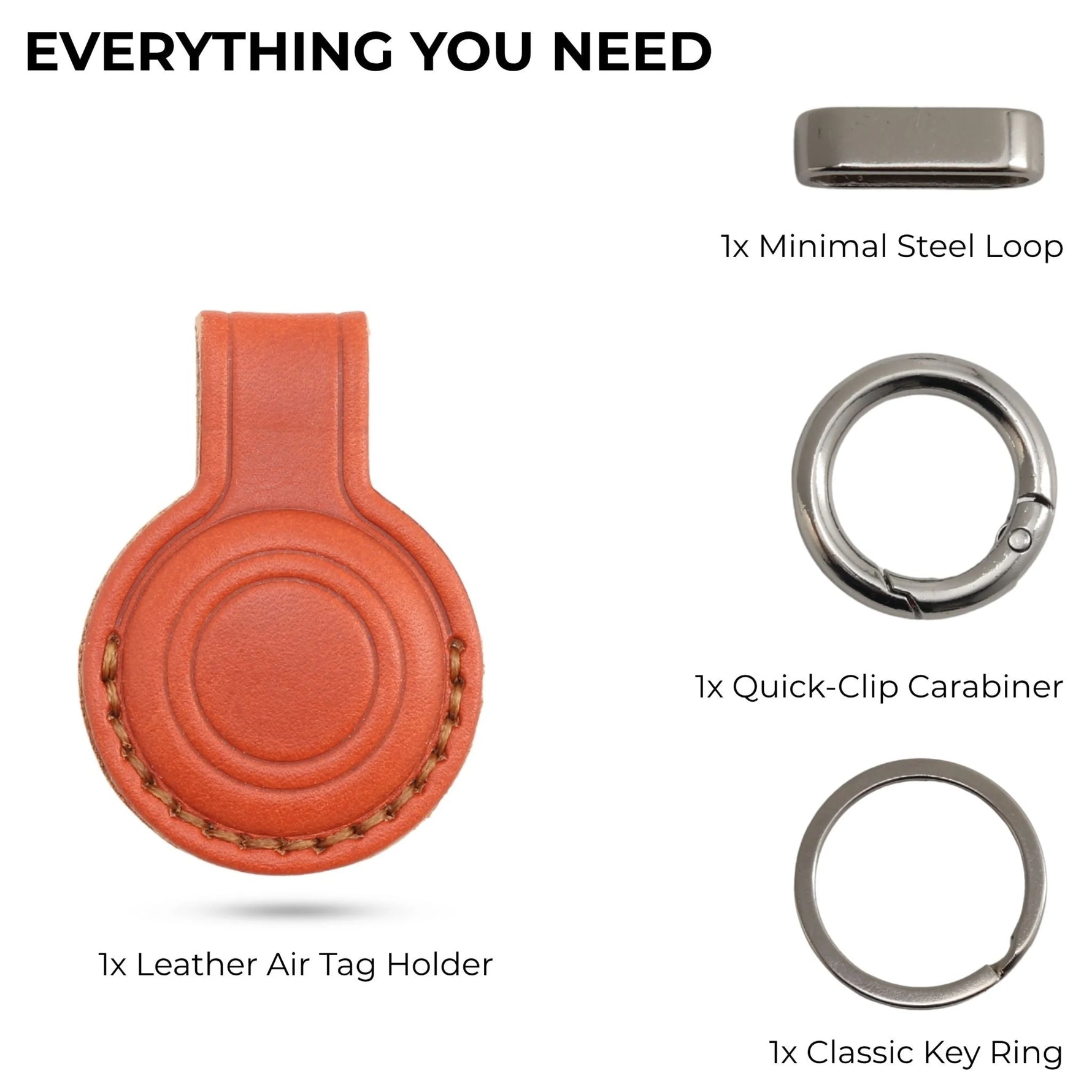 Orange leather AirTag holder with metal components on a white background 