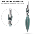 Ultra-thin strap with metal buckle on a white background, highlighting 'ultra slim, zero bulk' feature. 