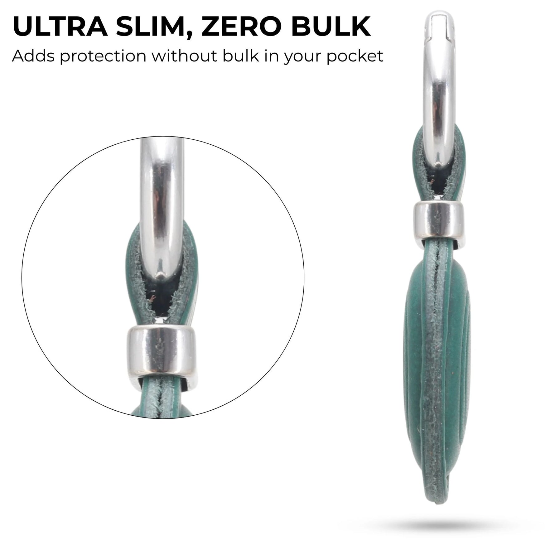 Ultra-thin strap with metal buckle on a white background, highlighting 'ultra slim, zero bulk' feature. 