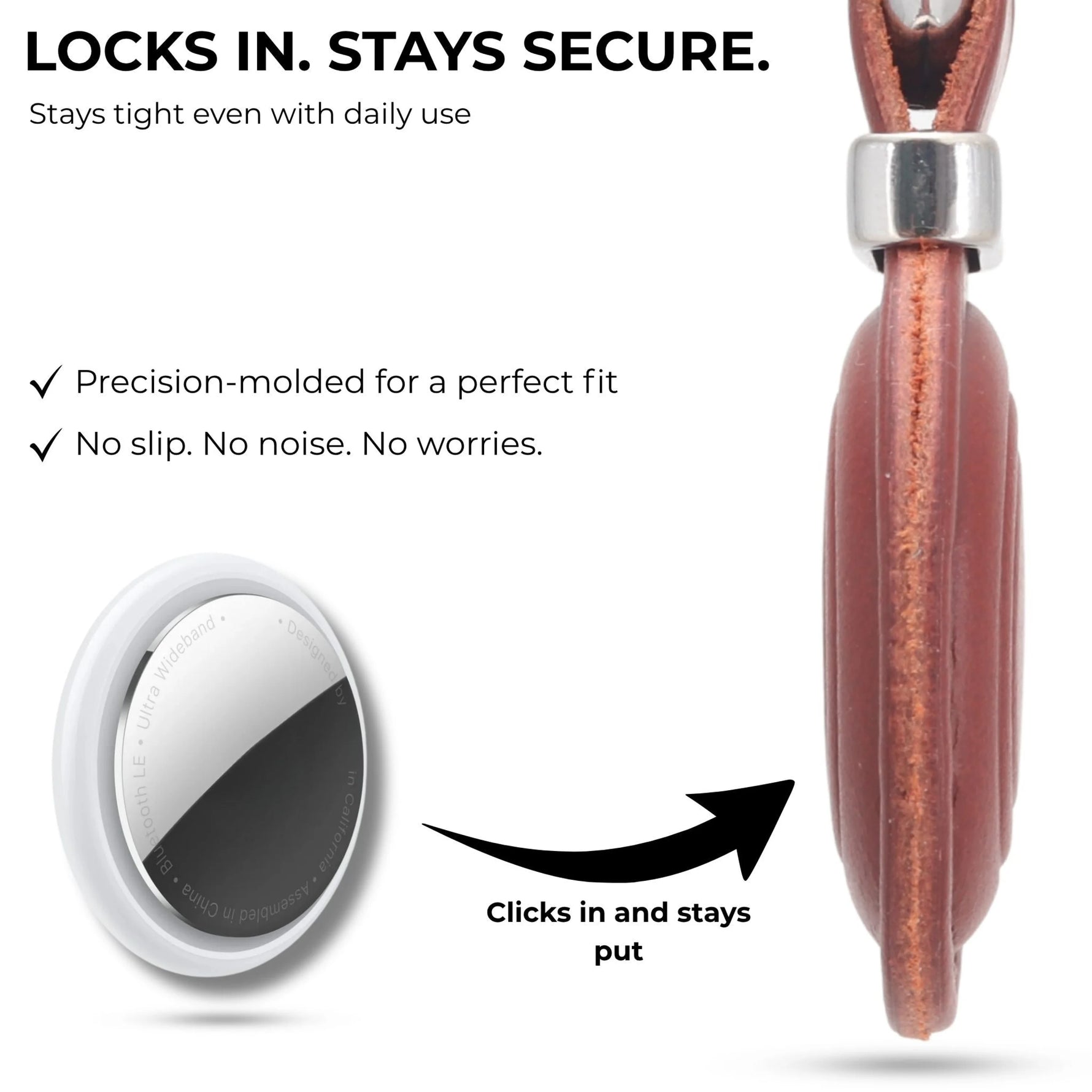Product with a metallic component and wooden texture, featuring text about security and fit. 