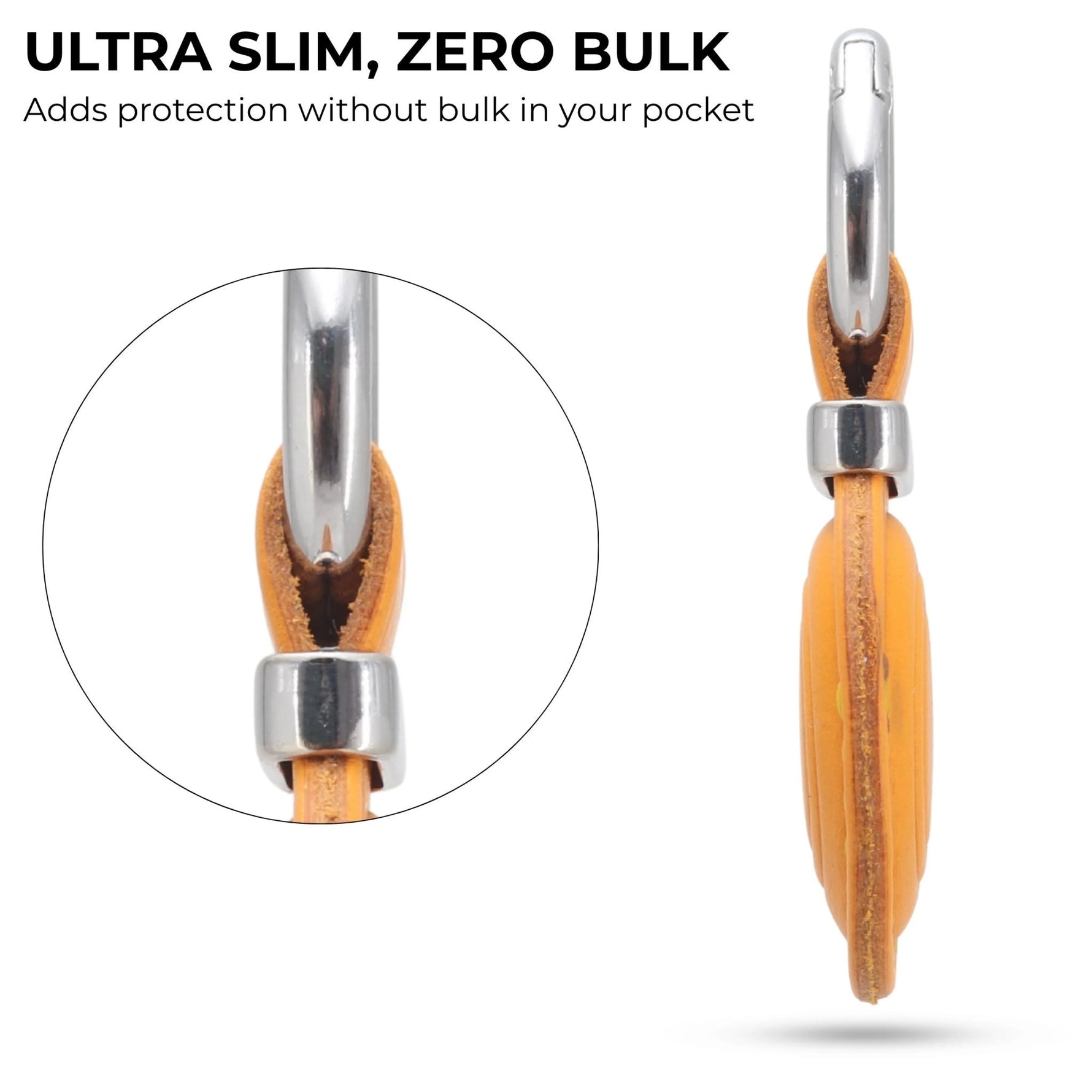 Ultra-thin keychain with orange leather strap and metal clip on a white background 