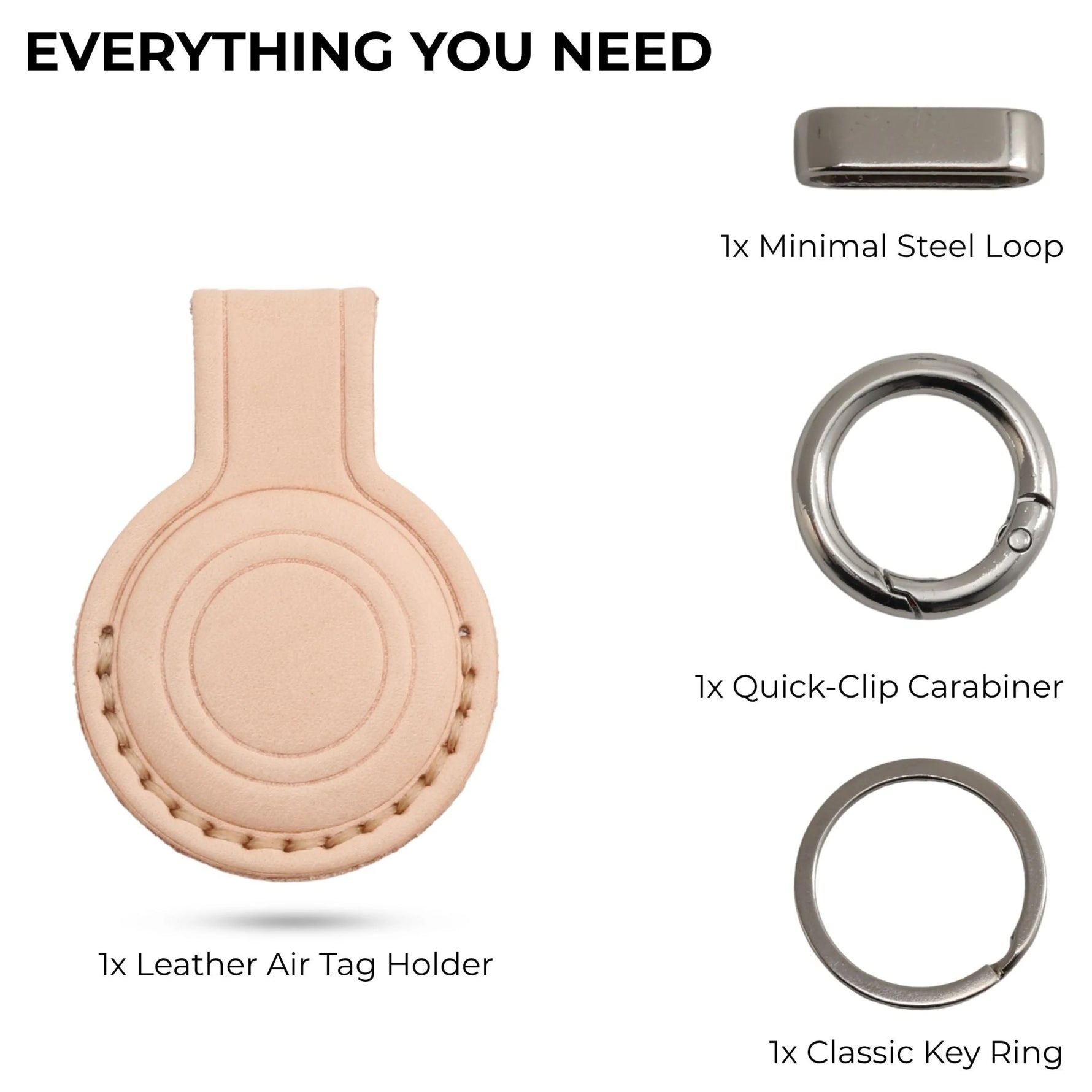 Collection of key accessories including a leather Air Tag holder, minimal steel loop, quick-clip carabiner, and classic key ring on a white background. 