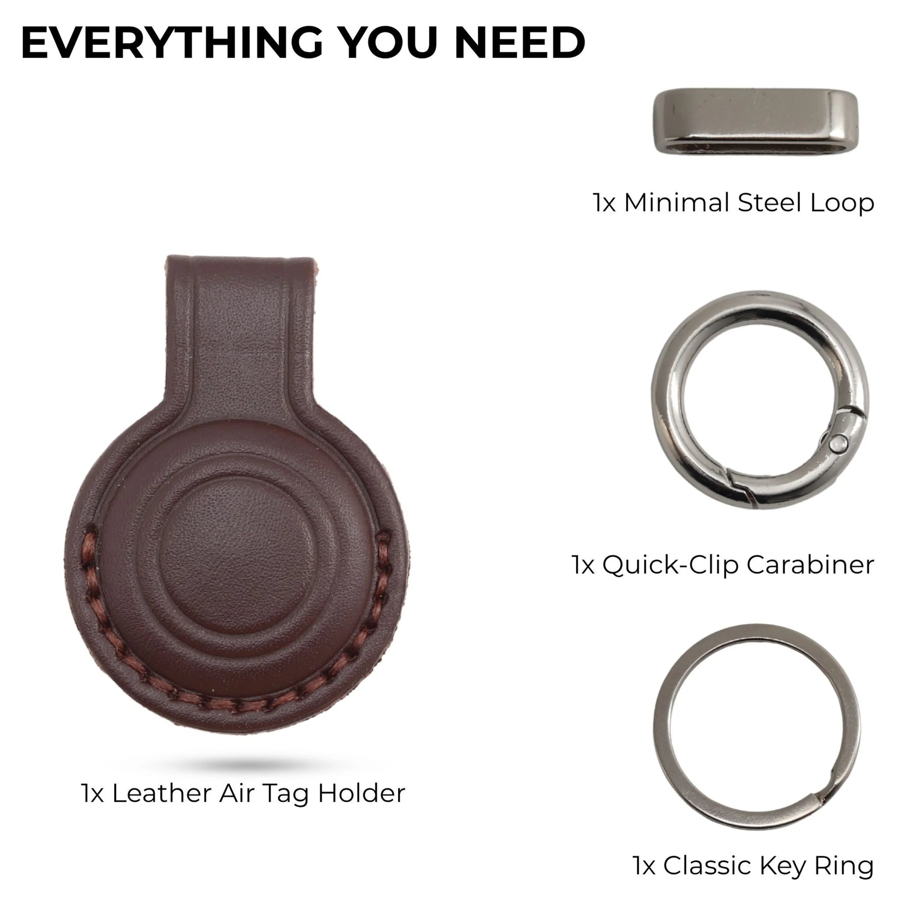 Collection of keychain components including a leather Air Tag holder, steel loop, quick-clip carabiner, and key rings on a white background. 