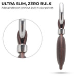 Ultra slim earring with wooden design and metal components on a white background 